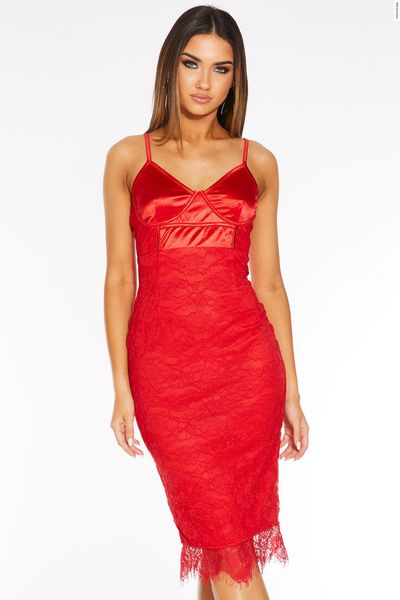 Red Satin Lace Strappy Midi Dress
